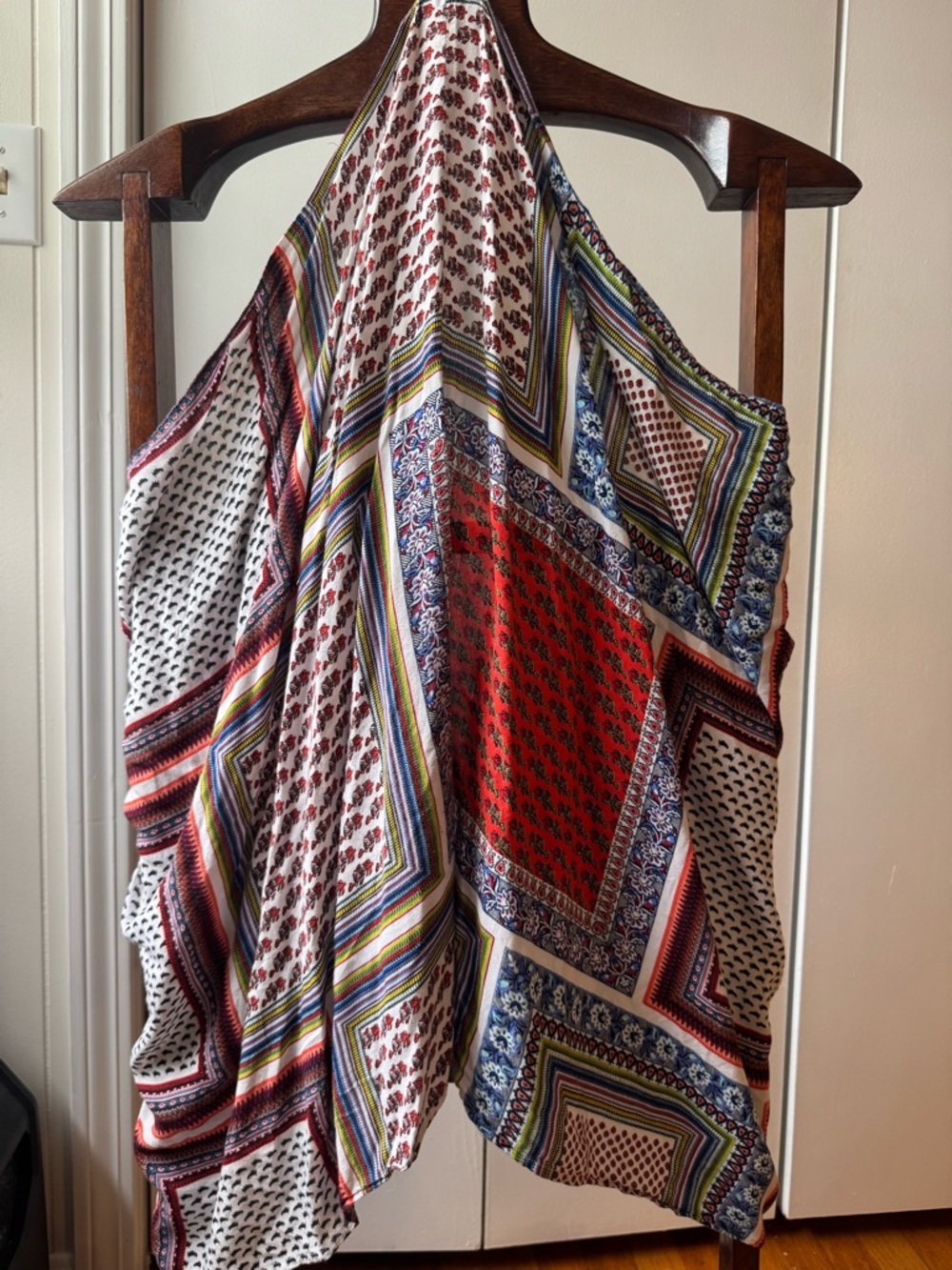 Flying Tomato Boho Mixed Print Scarf Vest Embroidered Back M/L
